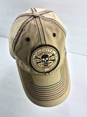Calcutta Outdoors Skull Logo Tan Mesh Trucker Hat Cap Snap Back Coastal Rugged